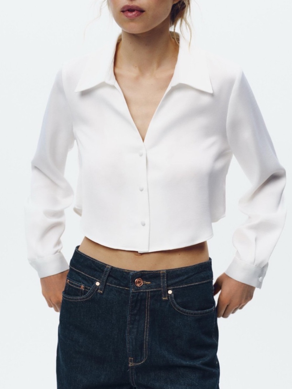 Zara White Cropped Button-Down Collared Blouse